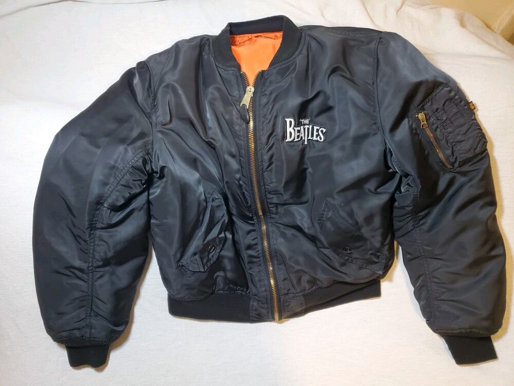 Rare Vtg The Beatles Black Bomber Jacket Man Intermediate LARGE Alpha Industries